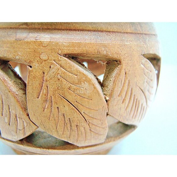 Handmade Hand Carved Wooden Bowl Trinket Dish Brown Round Shape Leaf Design 4x3 - Picture 9 of 11